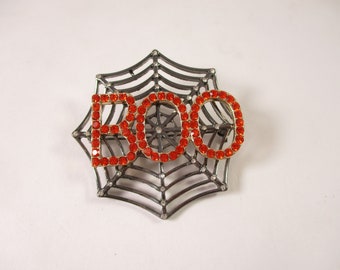 Spider Web Boo Brooch,  Halloween Pin, Vintage Rhinestone Spooky Fashion Jewelry 2000s