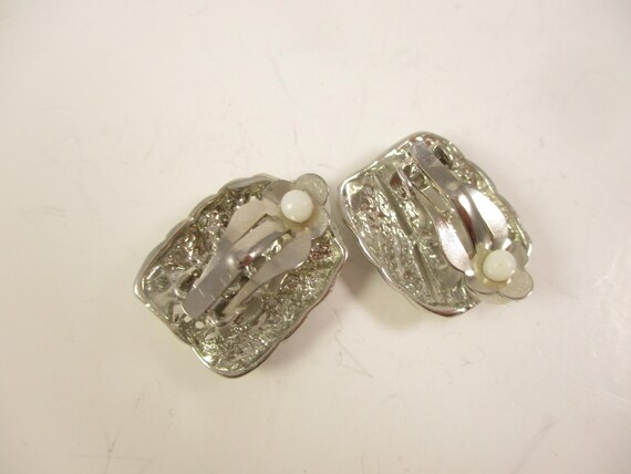 Silver Rectangle Earrings,  Leaf Pattern,   CLIP … - image 4