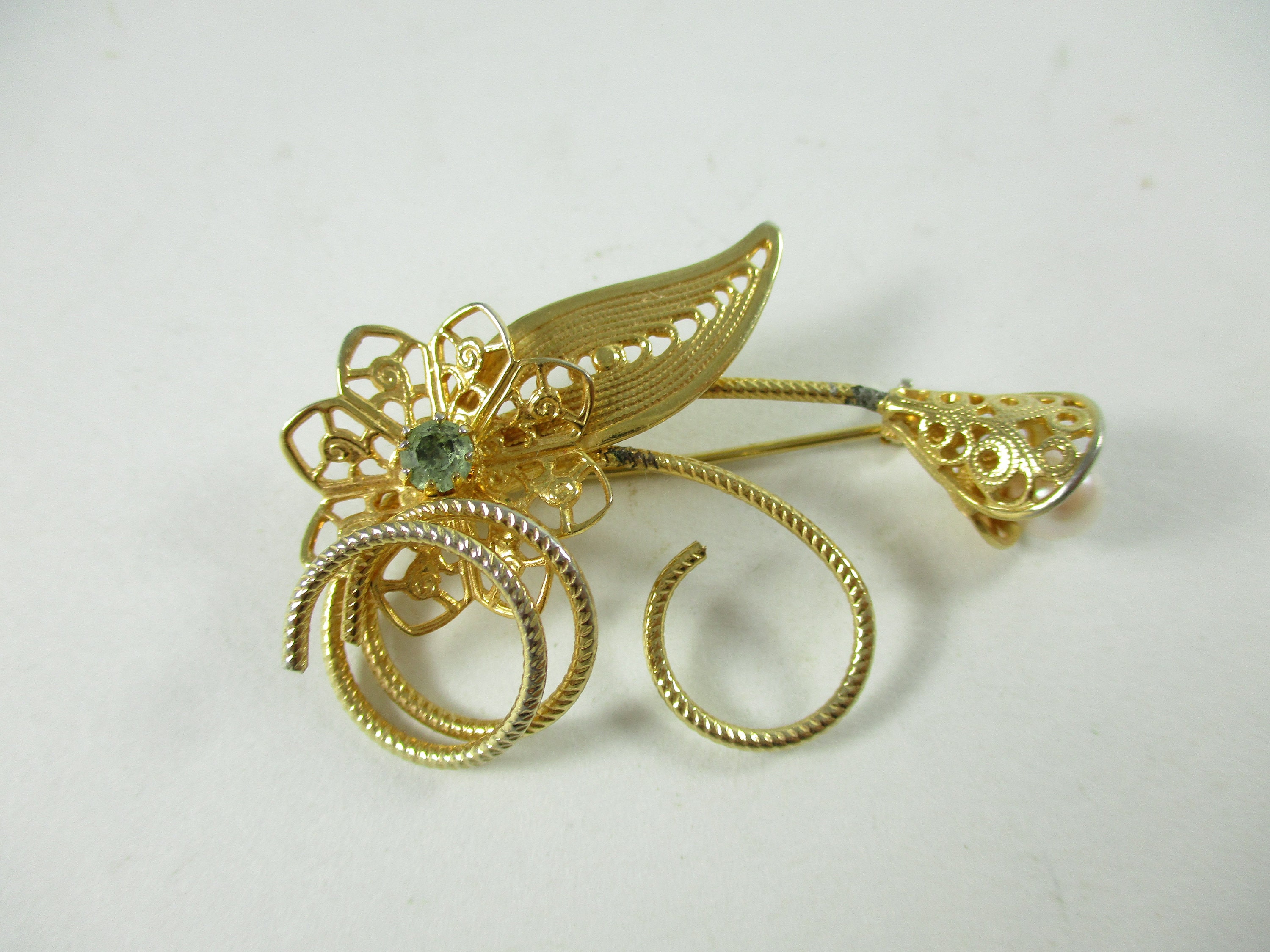 Vintage Filigree Seed Pearl Bar Brooch 14K Yellow Gold