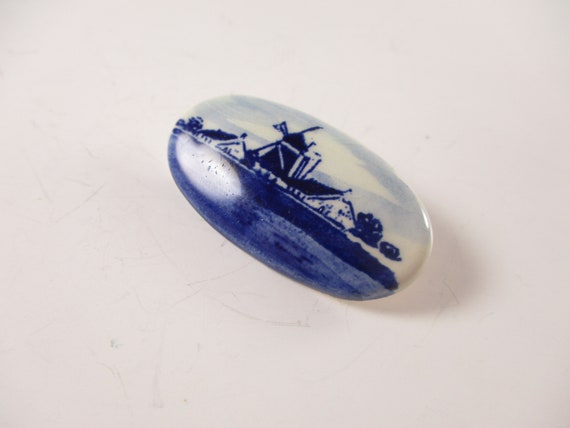 Delft Style Windmill Brooch, Oval Blue and White … - image 3