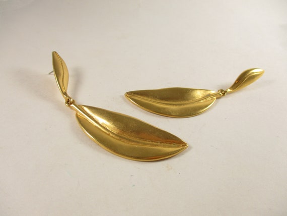 Gold Leaf  Earrings, Long Thin Dangle Vintage Lea… - image 3