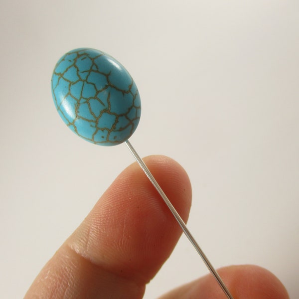 Turquoise Oval Stick Pin,  Hat Pin or Tie Pin,   Marbled Blue Stone Brooch