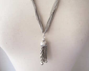 Vintage Tassel Silver Tone Necklace,  Pearl Pendant Retro Jewelry 1970s