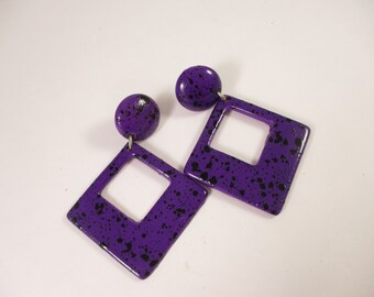 Purple Square Earrings, Black Speckled Acrylic Drop Dangle Fashion Jewelry. 1980s