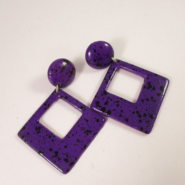 Purple Square Earrings, Black Speckled Acrylic Drop Dangle Fashion Jewelry. 1980s