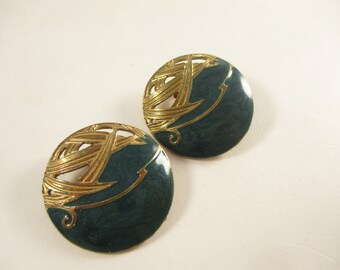 Vintage Green Gold Round Earrings, Clip On Fashion Jewelry 1980s