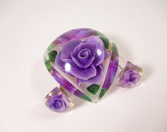 Vintage Acrylic Purple Rose Flower Brooch and Earrings, Chunky Fashion Pins Jewelry  Pin - 1980s