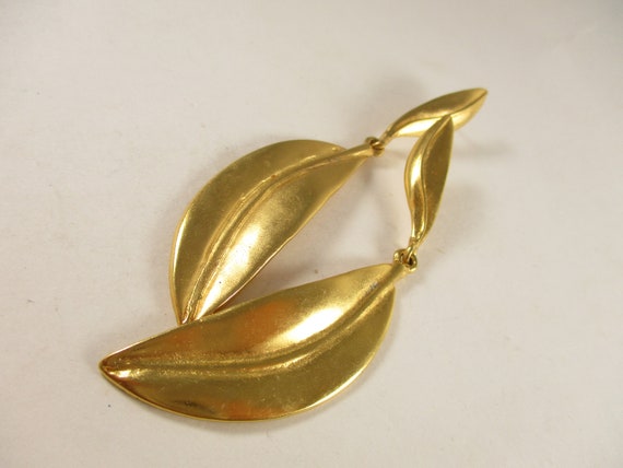 Gold Leaf  Earrings, Long Thin Dangle Vintage Lea… - image 1
