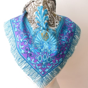 Rochas Paris Blue Purple Paisley Square Scarf, 34 Inch Vintage Silk All Season Fashion Scarves, Womens Spring Accessories