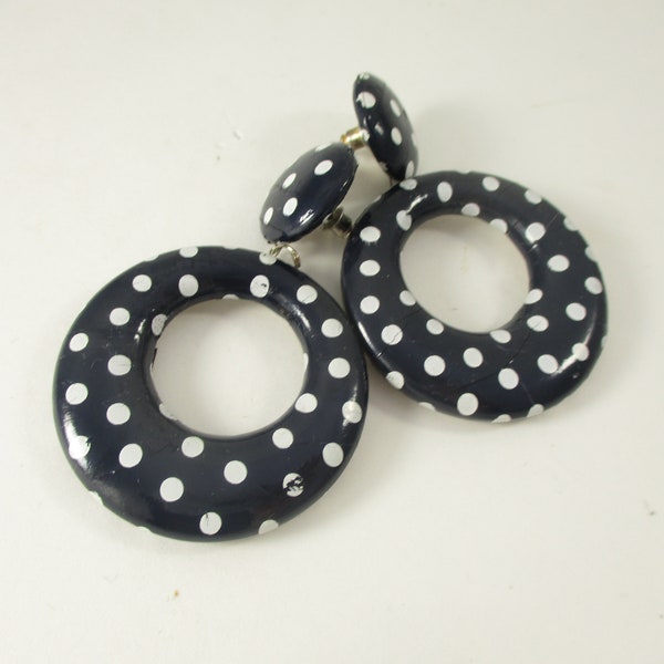 Vintage  Big Polka Dot Round Dangle Earrings, Black and White Statement, Summer Fashion Party Jewelry 1980s