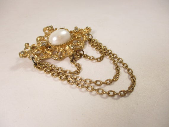 Pearl Swag Brooch, Vintage Gold Chain Victorian R… - image 4