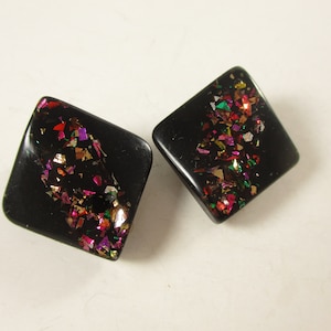 Small Black Glitter Square Earrings , Clip On Round Fashion Jewelry,  1970s
