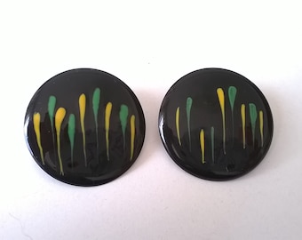 Vintage Black Round Enamel Earrings - Pierced Button Black, Yellow Green Streak Fashion Jewelry - 1980s Prom