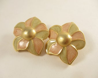 Vintage Gold Flower Earrings, Green Pink Enamel Gold Large Chunky Round 1980s