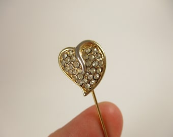 Vintage Heart Stick Pin, Rhinestone Hat Brooch - 1980s Tie Pin