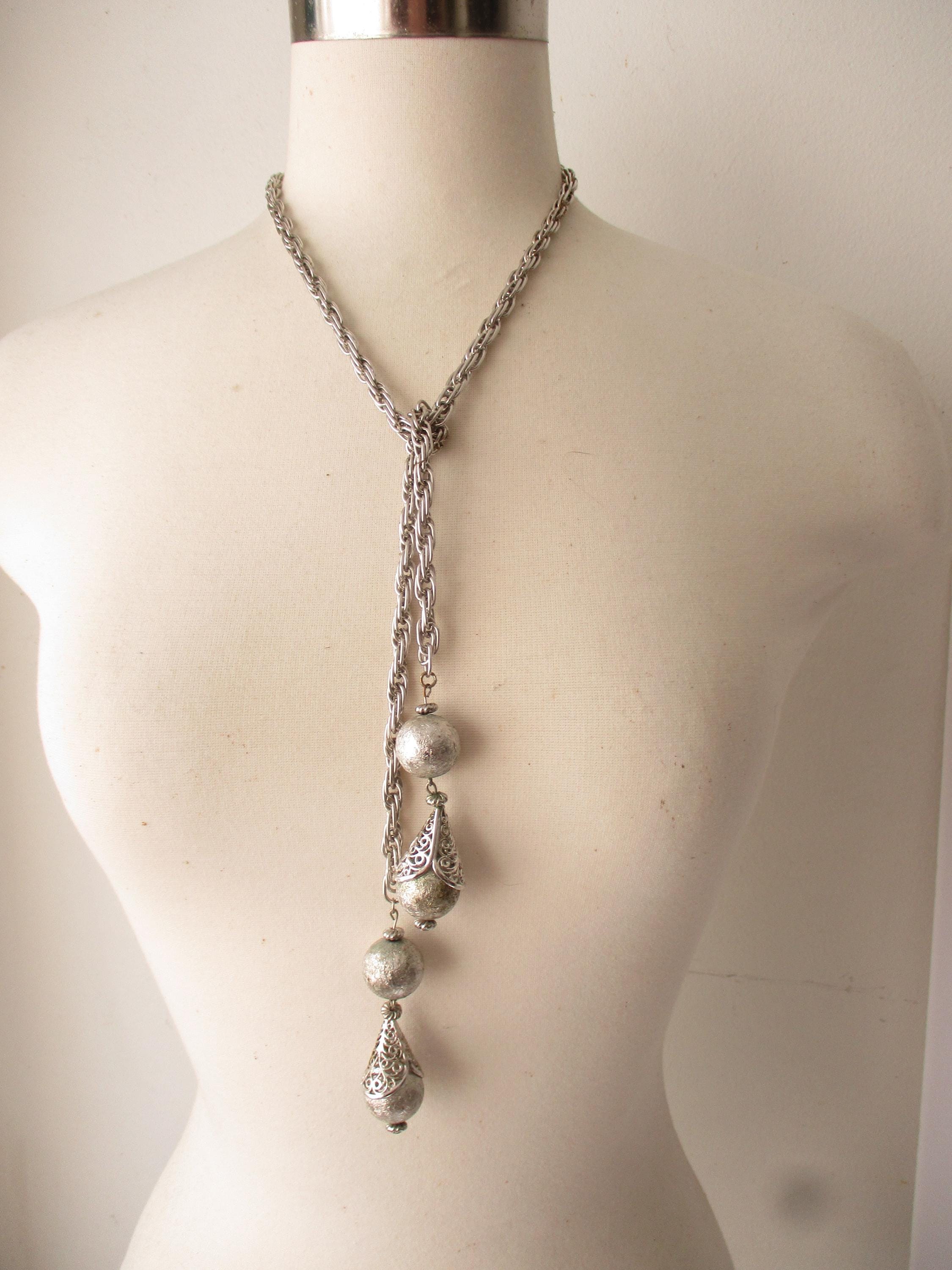 Vintage 1960s Silver Tone Teardrop Tie Necklace: 36-inch Chain 