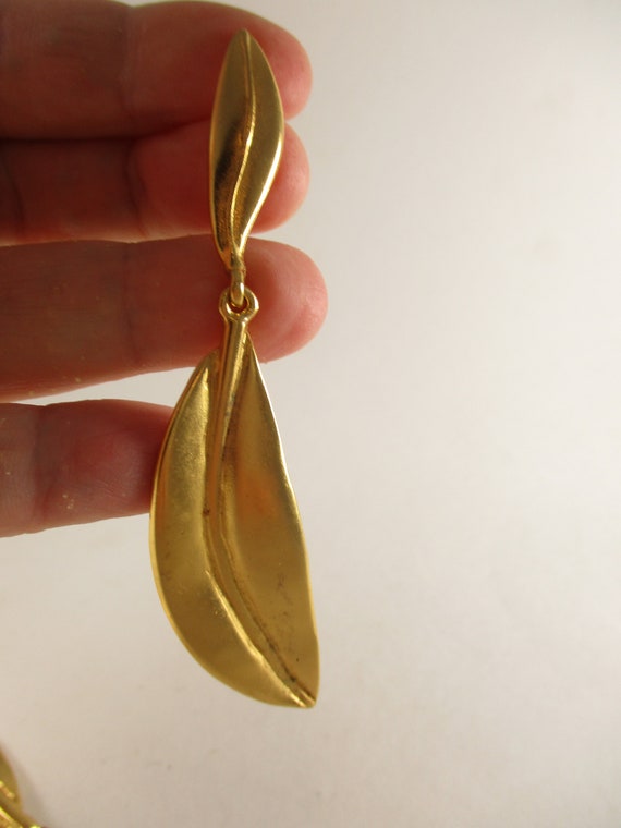 Gold Leaf  Earrings, Long Thin Dangle Vintage Lea… - image 5