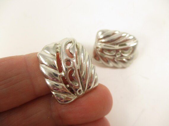 Silver Rectangle Earrings,  Leaf Pattern,   CLIP … - image 3
