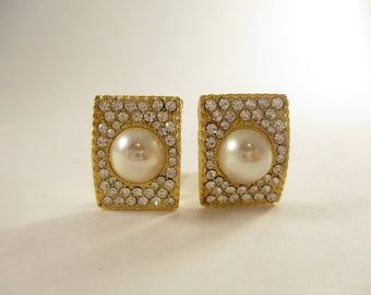 Rhinestone Earrings, Clear and Gold, Rectangle Fashion Jewelry, 1980s