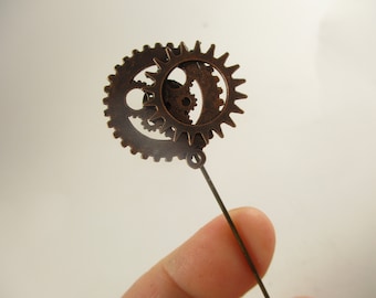 Bronze Clock Parts Stick Pin, Antiqued Steampunk Tie Pin, Up-cycled Vintage Findings