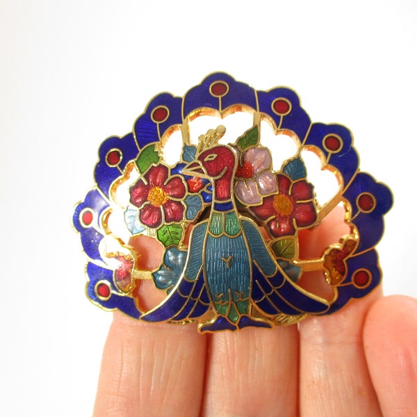 Cloisonne Enamel Peacock Brooch. Bright Bird Pin, Summer Fashion Jewelry 1980s