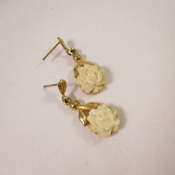 Cream Rose Flower Earrings Vintage Small Drop Flo… - image 1