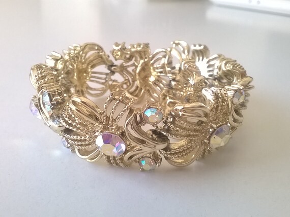 Coro Red Rhinestone Wide Bracelet, Aurora Borealis, 1960s