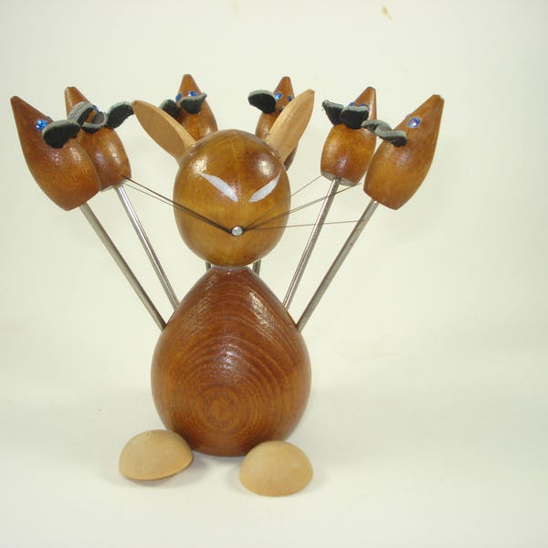 Vintage Teak Cat and Mice  -  Cheese Picks and Holder - Set of 6 - MId Century Modern   1960s