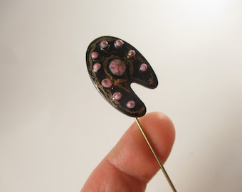 Vintage Enamel Painters Palette Stick Pin, Gold Tone Small Pink Hat Pin  - Summer Fashion