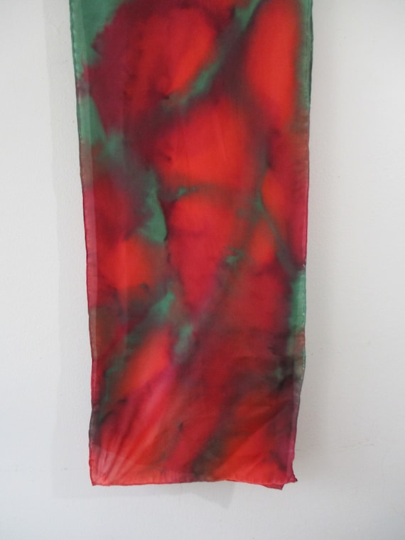Long Red Green Silk Scarf, Bright Fashion,  Fall … - image 1