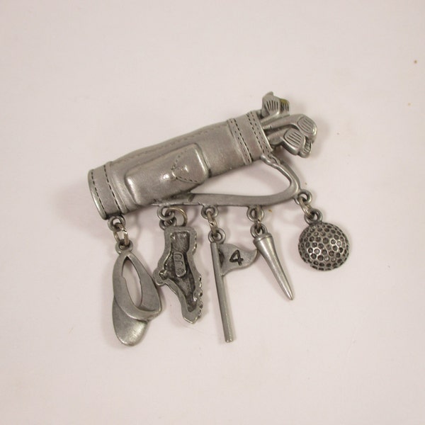 Pewter Golf Brooch , JJ Pin Gold Bag with Dangles, Sports Pin Jewelry