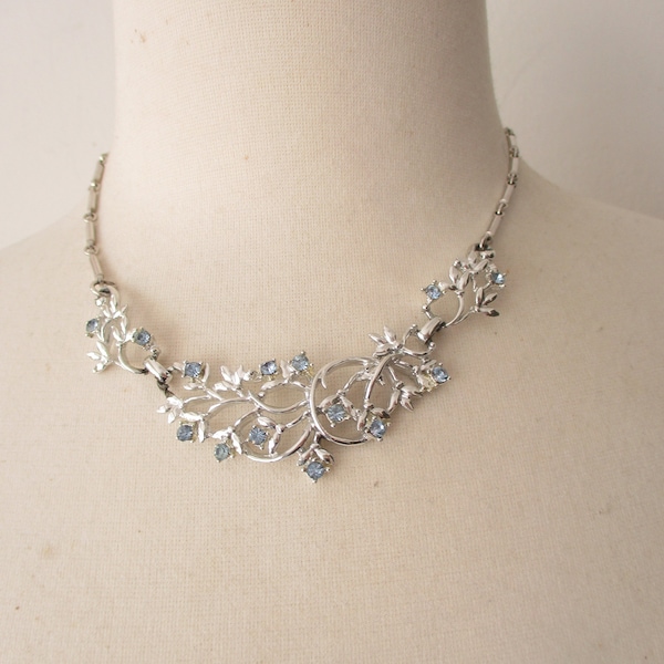 Vintage Blue Rhinestone Necklace, Something Blue with Silver Tone, Retro Princess Bridal Jewelry 1960s
