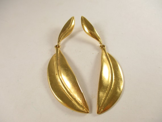 Gold Leaf  Earrings, Long Thin Dangle Vintage Lea… - image 4