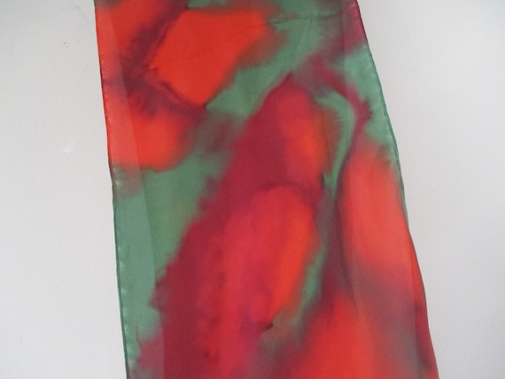 Long Red Green Silk Scarf, Bright Fashion,  Fall … - image 6