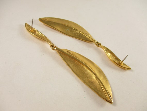 Gold Leaf  Earrings, Long Thin Dangle Vintage Lea… - image 6