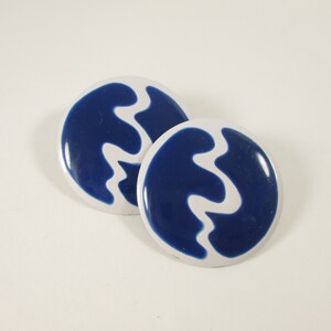 Vintage Round Enamel Earrings, Pierced Button Blue squiggle Fashion Jewelry - 1980s Prom