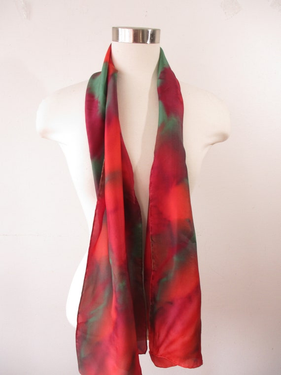 Long Red Green Silk Scarf, Bright Fashion,  Fall … - image 7