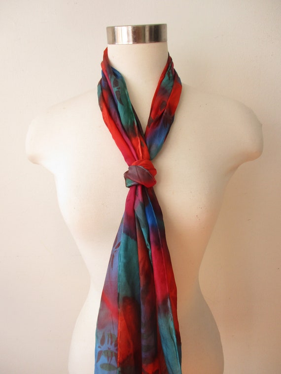 Long Red Blue Silk Scarf, Bright Fashion,  Fall W… - image 2