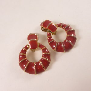 Vintage Red and Gold Round Earrings, Clip On Door Knocker Fashion Jewelry - 1980s