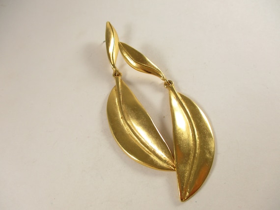 Gold Leaf  Earrings, Long Thin Dangle Vintage Lea… - image 2