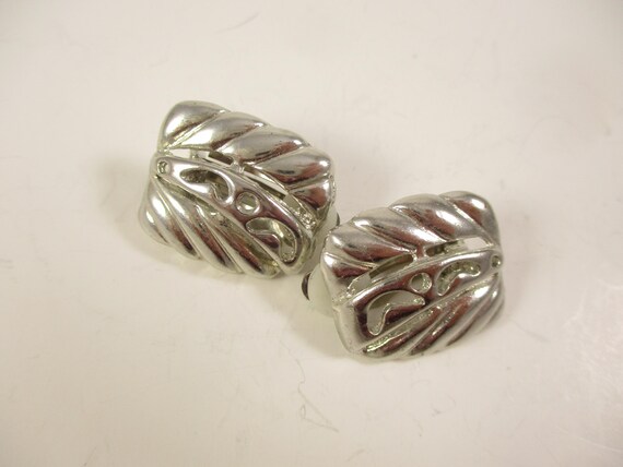 Silver Rectangle Earrings,  Leaf Pattern,   CLIP … - image 2