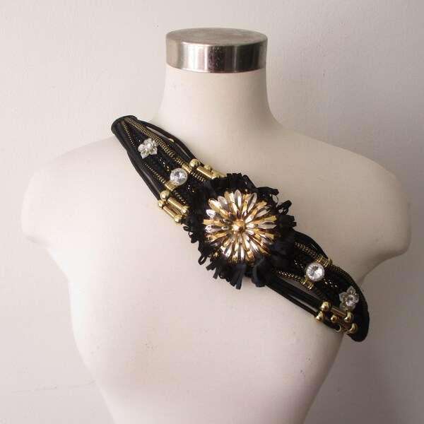 Black Wide Belt, Glam 80s Fashion, Thick, Wide Silver Gold Rhinestone Belt 36 inches  - Medium Womens Accessories 1980s