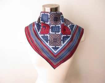Square Aztec Pattern Scarf, Bold Red, Taupe and Blue  - Womens Accessories 1980s