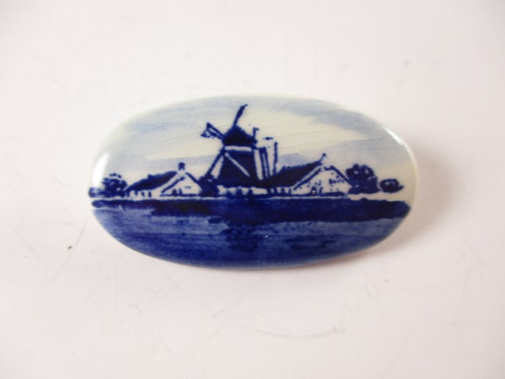 Delft Style Windmill Brooch, Oval Blue and White … - image 1