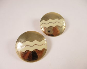 Gold Round Earrings, Bright gold Cream Waved Striped Pierced 80s,  Fun Fashion Jewelry 1980s