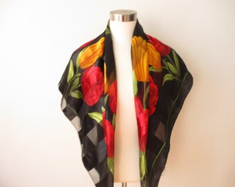Vintage Angelique Li Black and Red Floral Scarf , Square Satin Tulip Scarves , Fashion Accessories 1980's