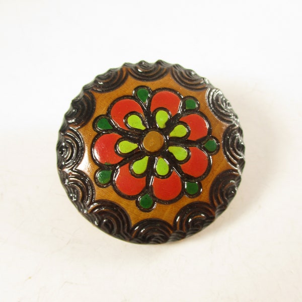 Vintage Floral Wood Brooch, Brown Wooden Painted Natural Jewelry, Boho Fashion