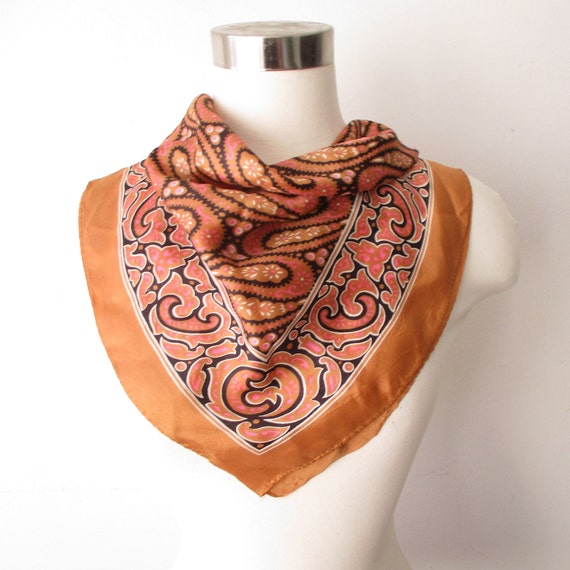 Vintage Tan Pink Scarf, Swirl Loop Pattern Silk  … - image 1