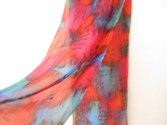 Long Red Blue Silk Scarf, Bright Fashion,  Fall W… - image 1