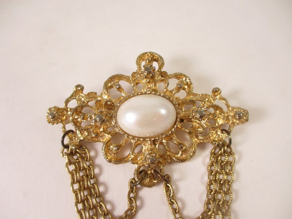 Pearl Swag Brooch, Vintage Gold Chain Victorian R… - image 3
